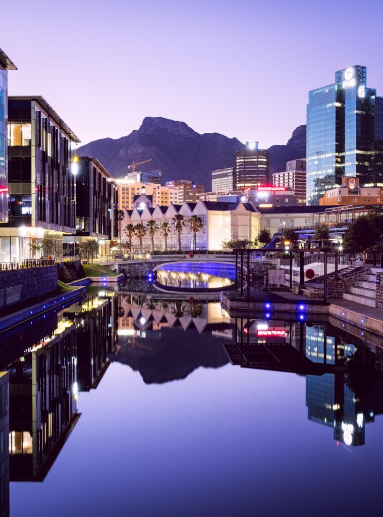 waterfront, cape town, city, africa, buildings, sundown, sunset, architecture, canal, cityscape, devil's peak, night, skyline, nature, south africa